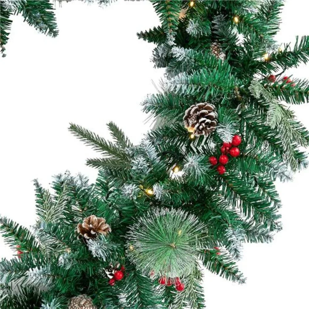 9Feet Christmas Garland Snow Flocked Including 100Lights, Pine Cones,Red Berries